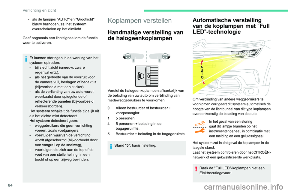 CITROEN C5 AIRCROSS 2020 Instructieboekjes (in Dutch) 84
Automatische verstelling
van de koplampen met "Full
LED "-technologie
In het geval van een storing
gaat dit lampje branden op het
instrumentenpaneel, in combinatie met
een melding en e CITROEN C5 AIRCROSS 2020 Instructieboekjes (in Dutch) 84
Automatische verstelling
van de koplampen met "Full
LED "-technologie
In het geval van een storing
gaat dit lampje branden op het
instrumentenpaneel, in combinatie met
een melding en e