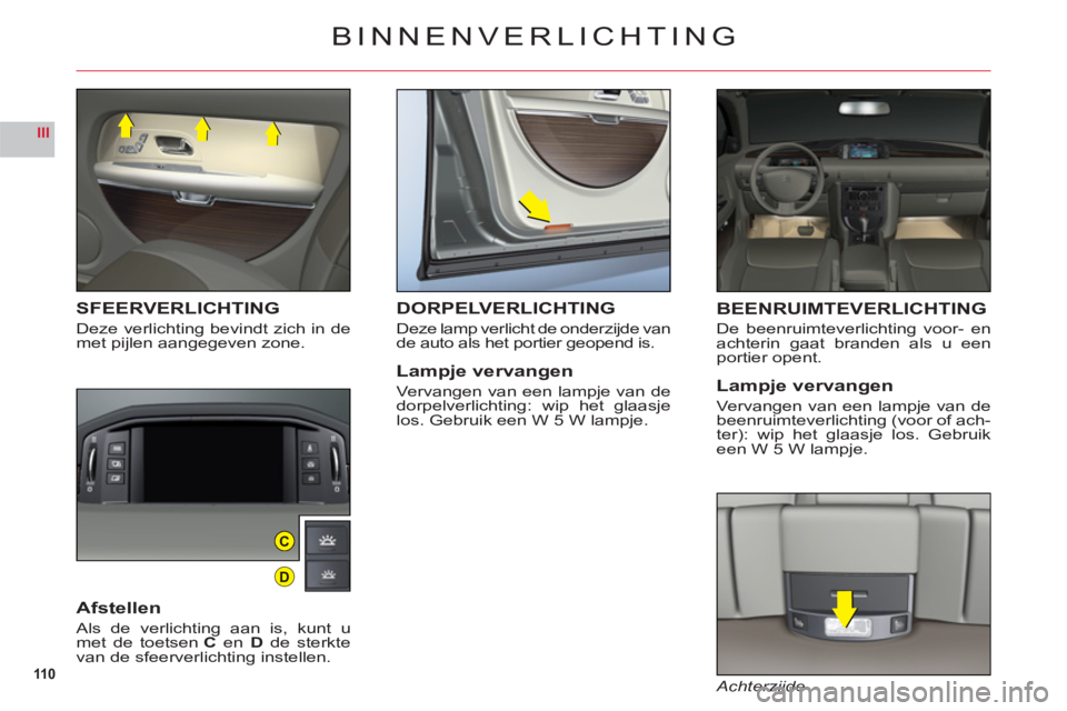 CITROEN C6 2012 Instructieboekjes (in Dutch) 110
III
C
D
BINNENVERLICHTING
SFEERVERLICHTING
Deze verlichting bevindt zich in demet pijlen aangegeven zone.
Afstellen
Als de verlichting aan is, kunt umet de toetsenC en D de sterktevan de sfeerverl CITROEN C6 2012 Instructieboekjes (in Dutch) 110
III
C
D
BINNENVERLICHTING
SFEERVERLICHTING
Deze verlichting bevindt zich in demet pijlen aangegeven zone.
Afstellen
Als de verlichting aan is, kunt umet de toetsenC en D de sterktevan de sfeerverl