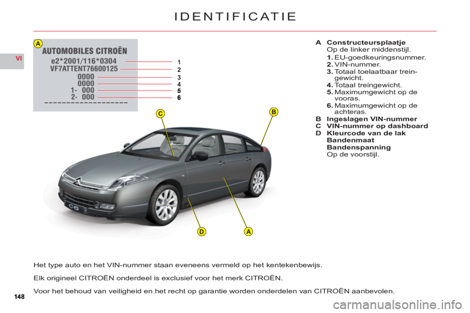 CITROEN C6 2012 Instructieboekjes (in Dutch) BC
12345
A
AD
14814 8
VI
IDENTIFICAT IE
A ConstructeursplaatjeOp de linker middenstijl.
1.EU-goedkeuringsnummer.2.VIN-nummer.3. Totaal toelaatbaar trein-gewicht.4.Totaal treingewicht.
5. Maximumgewich CITROEN C6 2012 Instructieboekjes (in Dutch) BC
12345
A
AD
14814 8
VI
IDENTIFICAT IE
A ConstructeursplaatjeOp de linker middenstijl.
1.EU-goedkeuringsnummer.2.VIN-nummer.3. Totaal toelaatbaar trein-gewicht.4.Totaal treingewicht.
5. Maximumgewich