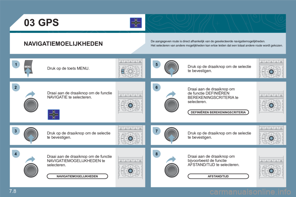 CITROEN C6 2012  Instructieboekjes (in Dutch) 7.8
11
22
33
44
55
66
77
88
03
NAVIGATIEMOELIJKHEDEN
GPS 
De aangegeven route is direct afhankelijk van de geselecteerde navigatiemogelijkheden.Het selecteren van andere mogelijkheden kan ertoe leiden