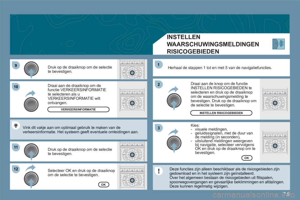 CITROEN C6 2012  Instructieboekjes (in Dutch) 7.9
99
1010
1111
1212
22
11
33
 Draai aan de draaiknop om de functie VERKEERSINFORMATIEte selecteren als uVERKEERSINFORMATIE wiltontvangen.
  Druk op de draaiknop om de selectie te bevestigen.
 Select