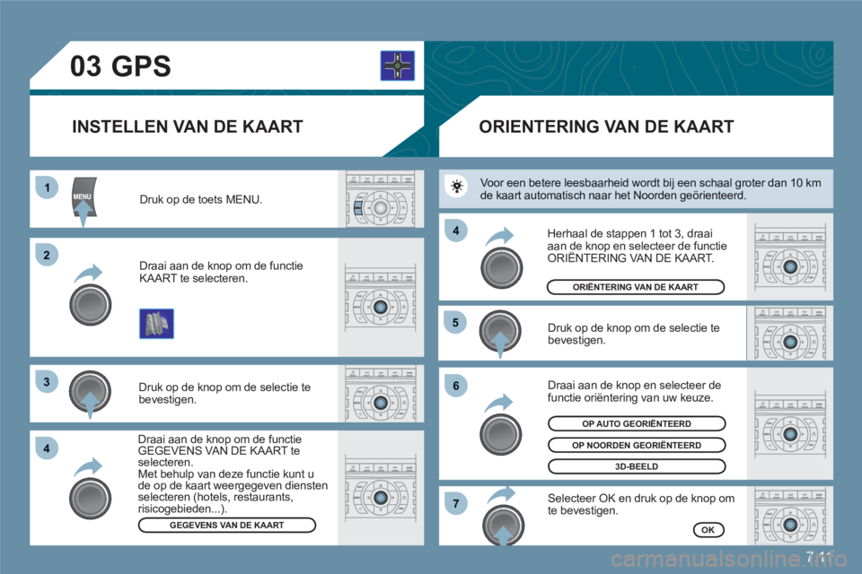 CITROEN C6 2012 Instructieboekjes (in Dutch) 7.11
03
11
22
33
44
55
66
77
44
Druk op de toets MENU.
Draai aan de knop om de functie KAART te selecteren.
Druk op de knop om de selectie te bevestigen.
Draai aan de knop om de functie GEGEVENS CITROEN C6 2012 Instructieboekjes (in Dutch) 7.11
03
11
22
33
44
55
66
77
44
Druk op de toets MENU.
Draai aan de knop om de functie KAART te selecteren.
Druk op de knop om de selectie te bevestigen.
Draai aan de knop om de functie GEGEVENS