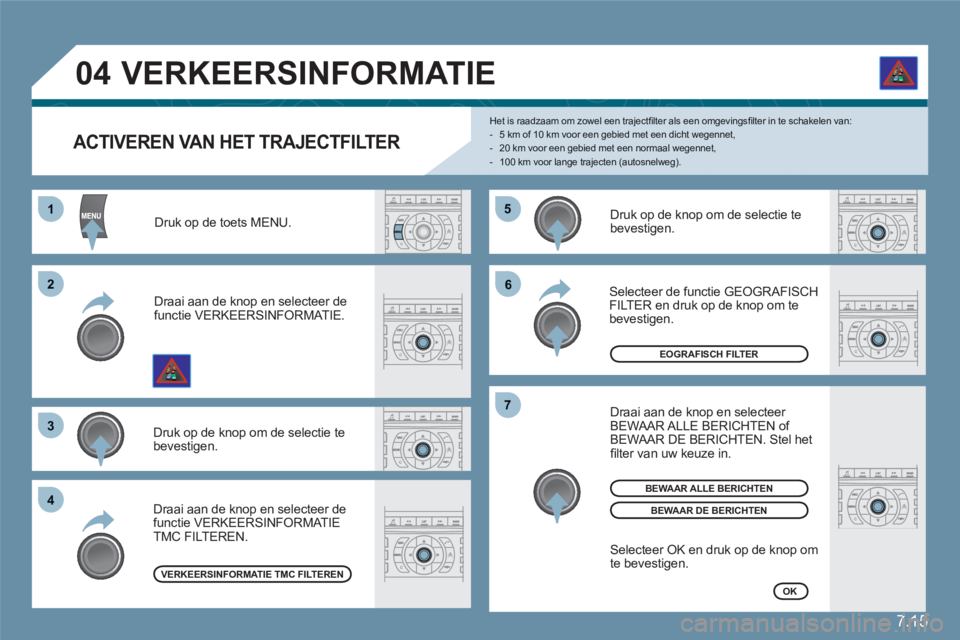 CITROEN C6 2012 Instructieboekjes (in Dutch) 7.15
55
66
77
11
22
33
44
04
ACTIVEREN VAN HET TRAJECTFILTER
Het is raadzaam om zowel een trajectfi lter als een omgevingsfi lter in te schakelen van: - 5 km of 10 km voor een gebied met een CITROEN C6 2012 Instructieboekjes (in Dutch) 7.15
55
66
77
11
22
33
44
04
ACTIVEREN VAN HET TRAJECTFILTER
Het is raadzaam om zowel een trajectfi lter als een omgevingsfi lter in te schakelen van: - 5 km of 10 km voor een gebied met een