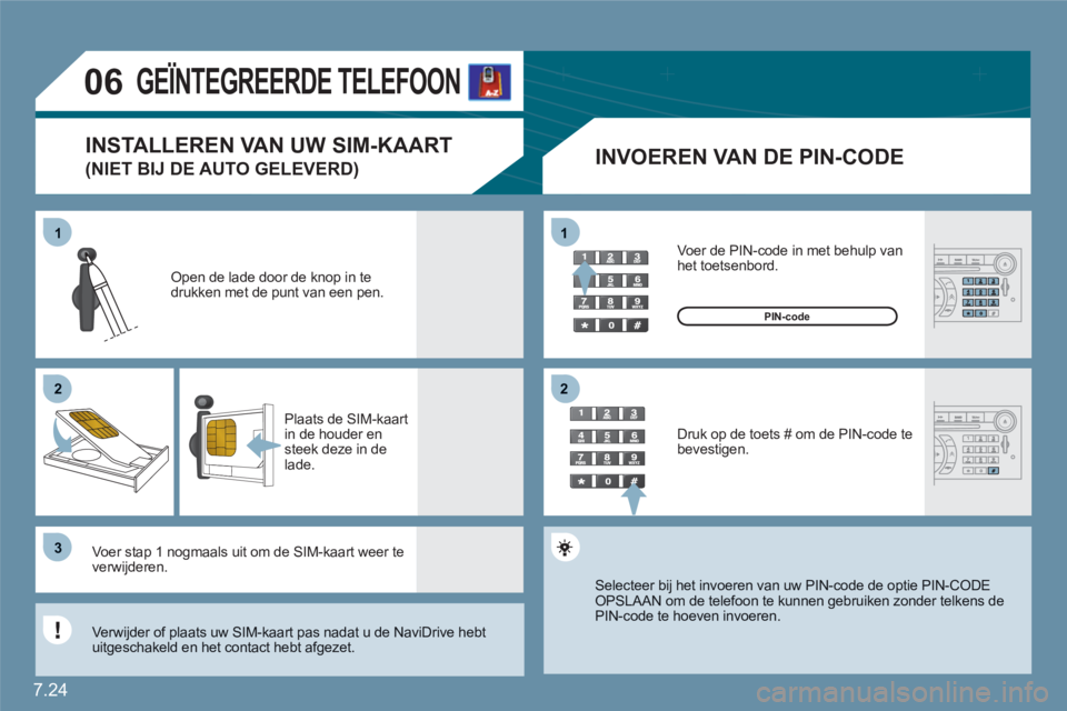 CITROEN C6 2012 Instructieboekjes (in Dutch) 7.24
11
22
33
11
22
06
GEÏNTEGREERDE TELEFOON
INVOEREN VAN DE PIN-CODE
Open de lade door de knop in te drukken met de punt van een pen.
Plaats de SIM-kaartin de houder ensteek deze in de l CITROEN C6 2012 Instructieboekjes (in Dutch) 7.24
11
22
33
11
22
06
GEÏNTEGREERDE TELEFOON
INVOEREN VAN DE PIN-CODE
Open de lade door de knop in te drukken met de punt van een pen.
Plaats de SIM-kaartin de houder ensteek deze in de l