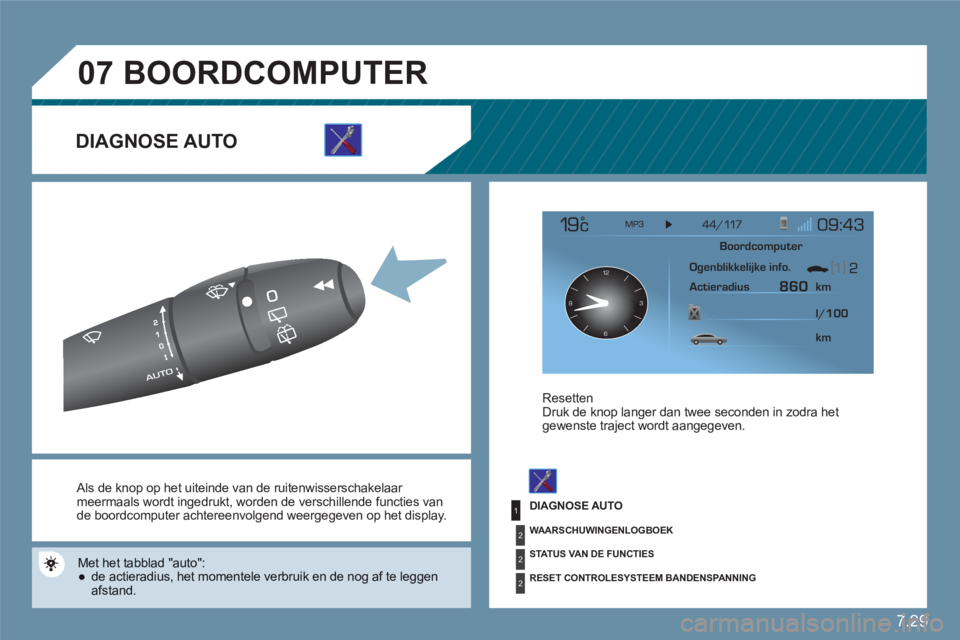 CITROEN C6 2012 Instructieboekjes (in Dutch) 7.29
1
2
2
2
07
12
63 9
A Als de knop op het uiteinde van de ruitenwisserschakelaar meermaals wordt ingedrukt, worden de verschillende functies van de boordcomputer achtereenvolgend weergegeven op CITROEN C6 2012 Instructieboekjes (in Dutch) 7.29
1
2
2
2
07
12
63 9
A Als de knop op het uiteinde van de ruitenwisserschakelaar meermaals wordt ingedrukt, worden de verschillende functies van de boordcomputer achtereenvolgend weergegeven op