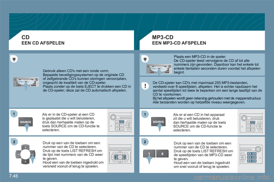 CITROEN C6 2012 Instructieboekjes (in Dutch) 7.46
11
22
11
22
Gebruik alleen CDs met een ronde vorm. Bepaalde beveiligingssystemen op de originele CDof zelfgebrande CDs kunnen storingen veroorzaken,ongeacht de kwaliteit van de CD-speler.
CITROEN C6 2012 Instructieboekjes (in Dutch) 7.46
11
22
11
22
Gebruik alleen CDs met een ronde vorm. Bepaalde beveiligingssystemen op de originele CDof zelfgebrande CDs kunnen storingen veroorzaken,ongeacht de kwaliteit van de CD-speler.