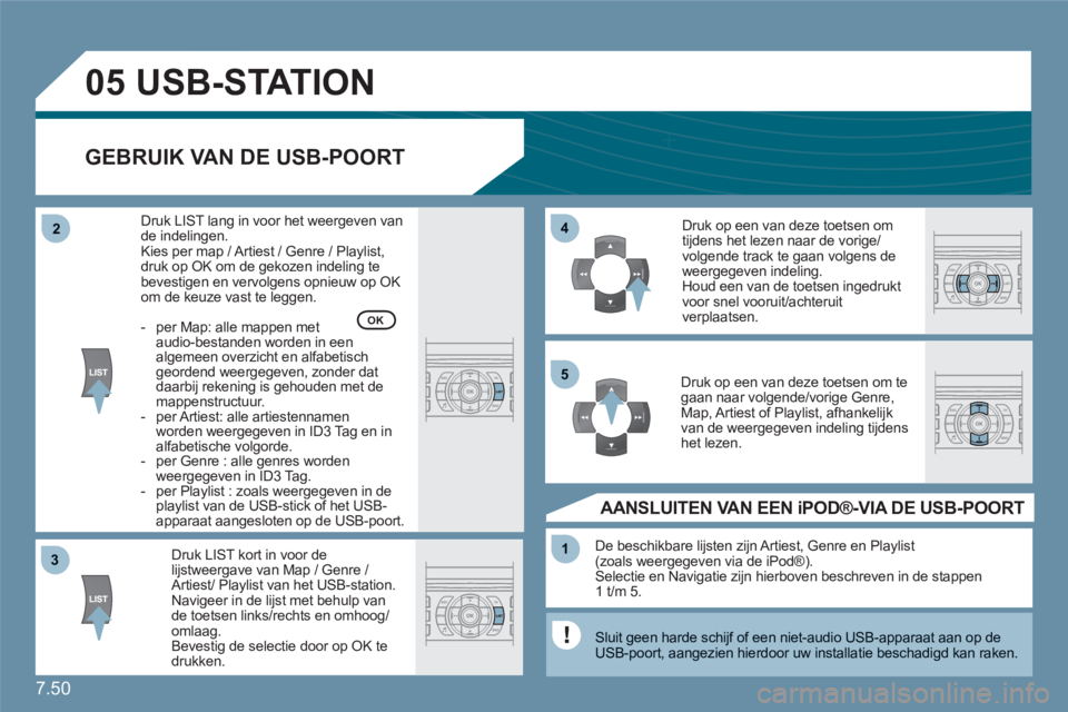 CITROEN C6 2012 Instructieboekjes (in Dutch) 7.50
33
05
44
11
55
22
USB-STATION
GEBRUIK VAN DE USB-POORT
Druk LIST kort in voor de lijstweergave van Map / Genre / Artiest/ Playlist van het USB-station. Navigeer in de lijst met behulp vande to CITROEN C6 2012 Instructieboekjes (in Dutch) 7.50
33
05
44
11
55
22
USB-STATION
GEBRUIK VAN DE USB-POORT
Druk LIST kort in voor de lijstweergave van Map / Genre / Artiest/ Playlist van het USB-station. Navigeer in de lijst met behulp vande to