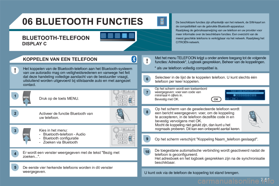 CITROEN C6 2012 Instructieboekjes (in Dutch) 7.51
11
66
22
77
44
99
55
101
33
88
06
Saisir code authentification
01
OK Del23456789 _
BLUETOOTH FUNCTIES
Het koppelen van de Bluetooth-telefoon aan het Bluetooth-systeem van uw auto CITROEN C6 2012 Instructieboekjes (in Dutch) 7.51
11
66
22
77
44
99
55
101
33
88
06
Saisir code authentification
01
OK Del23456789 _
BLUETOOTH FUNCTIES
Het koppelen van de Bluetooth-telefoon aan het Bluetooth-systeem van uw auto
