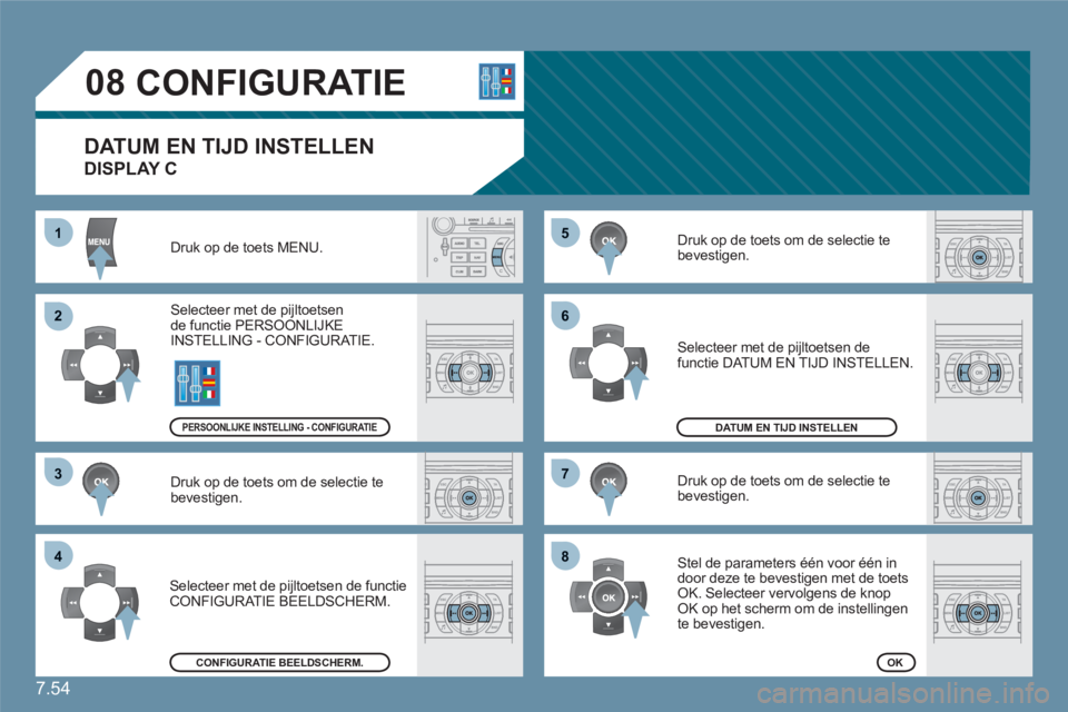 CITROEN C6 2012 Instructieboekjes (in Dutch) 7.54
55
66
77
88
11
22
33
44
08
CONFIGURATIE
Druk op de toets MENU.
Selecteer met de pijltoetsen de functie PERSOONLIJKE INSTELLING - CONFIGURATIE.
Druk op de toets om de selectie tebeves CITROEN C6 2012 Instructieboekjes (in Dutch) 7.54
55
66
77
88
11
22
33
44
08
CONFIGURATIE
Druk op de toets MENU.
Selecteer met de pijltoetsen de functie PERSOONLIJKE INSTELLING - CONFIGURATIE.
Druk op de toets om de selectie tebeves