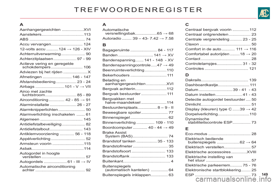 CITROEN C6 2012 Instructieboekjes (in Dutch) 149
TREFWOORDENREGISTER
A
Aanhangergewichten ..................XVI
Aanstekers...................................113
ABS..............................................74
Accu vervangen ................. CITROEN C6 2012 Instructieboekjes (in Dutch) 149
TREFWOORDENREGISTER
A
Aanhangergewichten ..................XVI
Aanstekers...................................113
ABS..............................................74
Accu vervangen .................