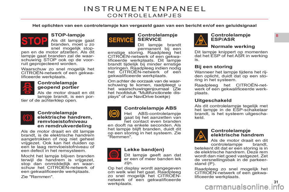 CITROEN C6 2012  Instructieboekjes (in Dutch) 31
II
INSTRUMENTENPANEEL
CONTROLELAMPJES
Het oplichten van een controlelampje kan vergezeld gaan van een bericht en/of een geluidsignaal  
ControlelampjeESP/ASR
Normale werkin
g
Dit lampje knippert op