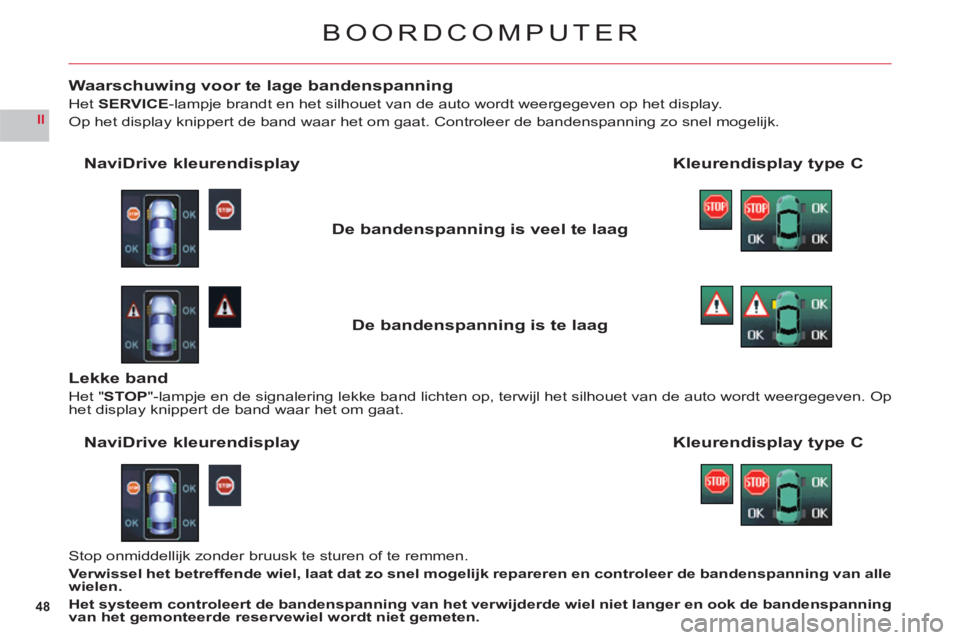 CITROEN C6 2012 Instructieboekjes (in Dutch) 48
II
BOORDCOMPUTER
Waarschuwing voor te lage bandenspanning
HetSERVICE-lampje brandt en het silhouet van de auto wordt weergegeven op het display.
Op het display knippert de band waar het om gaat. Co CITROEN C6 2012 Instructieboekjes (in Dutch) 48
II
BOORDCOMPUTER
Waarschuwing voor te lage bandenspanning
HetSERVICE-lampje brandt en het silhouet van de auto wordt weergegeven op het display.
Op het display knippert de band waar het om gaat. Co
