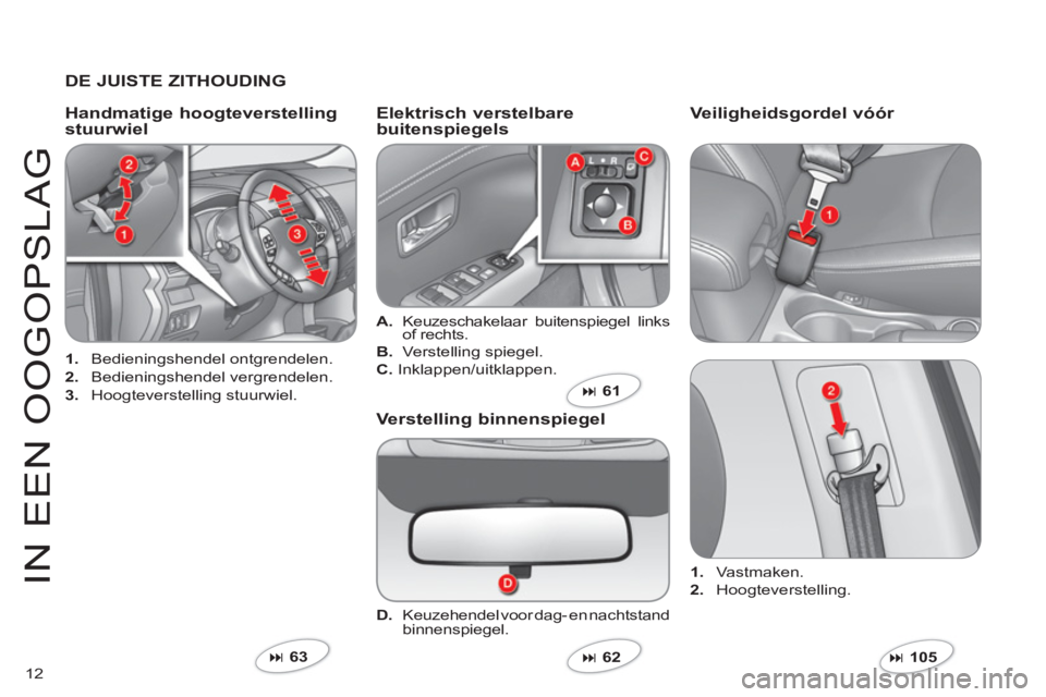 CITROEN C-CROSSER 2012  Instructieboekjes (in Dutch) 12
IN EEN 
OOGO
P
S
LA
G
   
DE JUISTE ZITHOUDING
1. 
 Bedieningshendel ontgrendelen. 
2. 
 Bedieningshendel vergrendelen. 
3. 
 Hoogteverstelling stuurwiel.
 
 
Handmatige hoogteverstellingstuurwielE