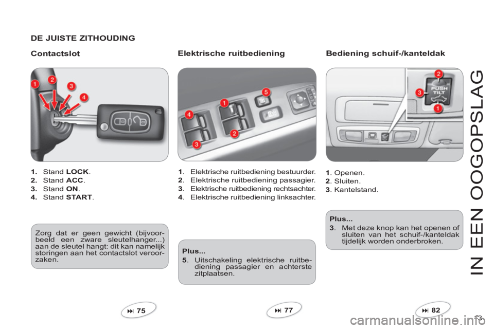 CITROEN C-CROSSER 2012  Instructieboekjes (in Dutch) 13 
IN EEN 
OOGO
P
S
LA
G
   
DE JUISTE ZITHOUDING
   
Contactslot
1. 
 Stand LOCK.
2. 
 Stand ACC.
3. 
 Stand ON 
.
4. 
 Stand STA RT .
�75  
 
Elektrische ruitbediening 
1. Elektrische ruitbedienin