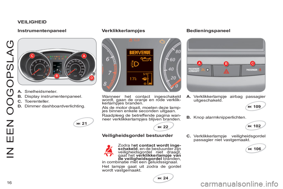 CITROEN C-CROSSER 2012  Instructieboekjes (in Dutch) 16
IN EEN 
OOGO
P
S
LA
G
   VEILIGHEID
   
Instrumenten
paneel Bedieningspaneel 
 
Wanneer het contact ingeschakeld wordt, gaan de oranje en rode verklik-gg
kerlampjes branden. gg
 
Als de motor draai