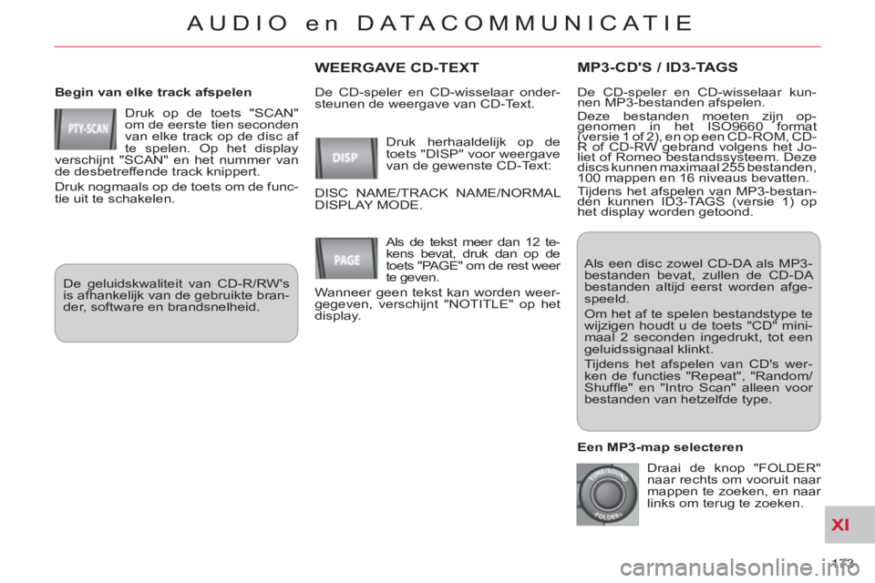CITROEN C-CROSSER 2012  Instructieboekjes (in Dutch) XI
173 
AUDIO en DATACOMMUNICAT IE
MP3-CDS / ID3-TAGS
   
Begin van elke track afspelen 
  Druk op de toets "SCAN" 
om de eerste tien seconden 
van elke track op de disc af 
te spelen. Op het display