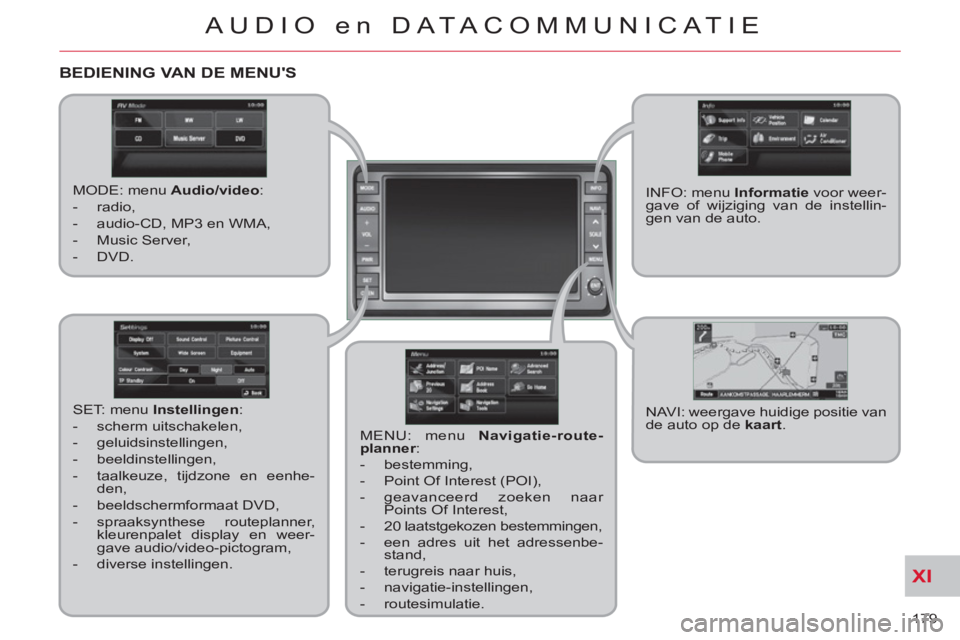 CITROEN C-CROSSER 2012 Instructieboekjes (in Dutch) XI
179
AUDIO en DATACOMMUNICAT IE
BEDIENING VAN DE MENUS
MODE: menu Audio/video
:
- radio,
- audio-CD, MP3 en WMA,
- Music Server,
- DVD.
MENU: menu Navigatie- CITROEN C-CROSSER 2012 Instructieboekjes (in Dutch) XI
179
AUDIO en DATACOMMUNICAT IE
BEDIENING VAN DE MENUS
MODE: menu Audio/video
:
- radio,
- audio-CD, MP3 en WMA,
- Music Server,
- DVD.
MENU: menu Navigatie-
