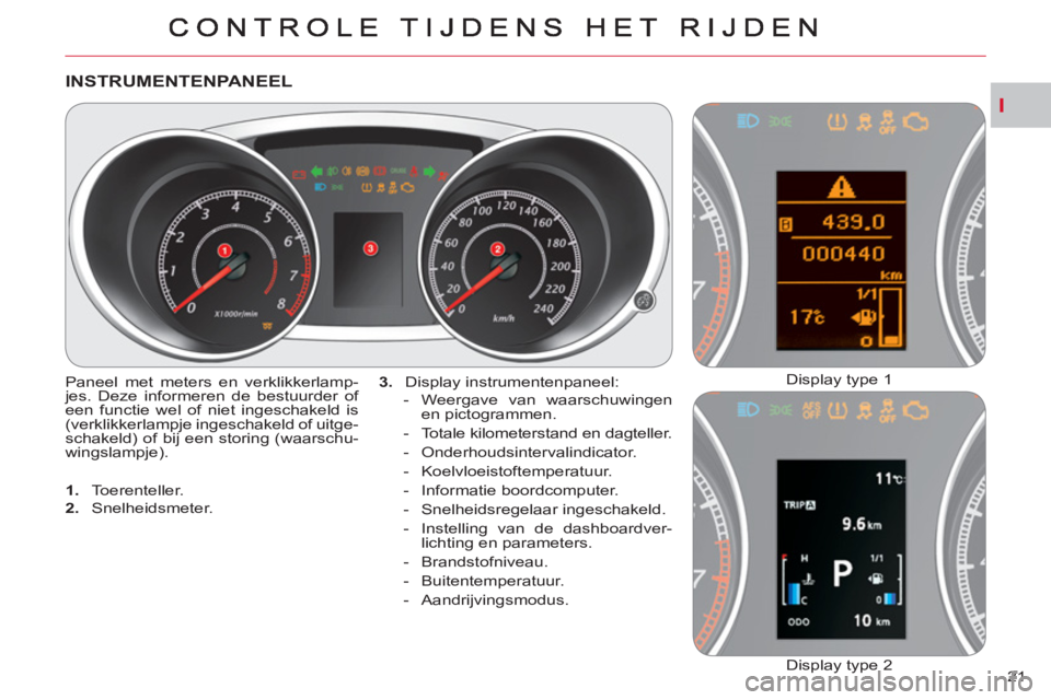 CITROEN C-CROSSER 2012 Instructieboekjes (in Dutch) I
21
INSTRUMENTENPANEEL
Paneel met meters en verklikkerlamp-
jes. Deze informeren de bestuurder of
een functie wel of niet ingeschakeld is
(verklikkerlampje ingeschakeld of uitge-
schakeld) of bi CITROEN C-CROSSER 2012 Instructieboekjes (in Dutch) I
21
INSTRUMENTENPANEEL
Paneel met meters en verklikkerlamp-
jes. Deze informeren de bestuurder of
een functie wel of niet ingeschakeld is
(verklikkerlampje ingeschakeld of uitge-
schakeld) of bi