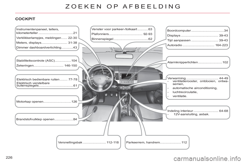 CITROEN C-CROSSER 2012 Instructieboekjes (in Dutch) 226
ZOEKEN OP AFBEELDING
COCKPIT
Instrumentenpaneel, tellers,
kilometerteller ....................................21
Verklikkerlampjes, meldingen ...... 22-30
Meters, displays.......... CITROEN C-CROSSER 2012 Instructieboekjes (in Dutch) 226
ZOEKEN OP AFBEELDING
COCKPIT
Instrumentenpaneel, tellers,
kilometerteller ....................................21
Verklikkerlampjes, meldingen ...... 22-30
Meters, displays..........