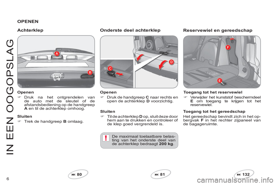 CITROEN C-CROSSER 2012  Instructieboekjes (in Dutch) !
6
IN EEN 
OOGO
P
S
LA
G
   
Openen 
�) 
 Druk na het ontgrendelen vande auto met de sleutel of deafstandsbediening op de handgreepA 
 en til de achterklep omhoog.  
 
 
 
Achterklep  Onderste deel a