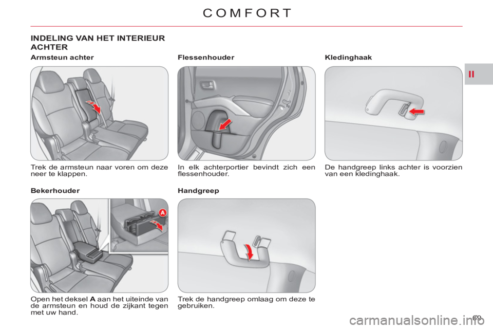 CITROEN C-CROSSER 2012  Instructieboekjes (in Dutch) II
COMFORT
69 
INDELING VAN HET INTERIEUR 
A
CHTER
   
Armsteun achter 
  Trek de armsteun naar voren om deze 
neer te klappen.  
   
Bekerhouder 
  Open het deksel  A 
 aan het uiteinde van 
de armst