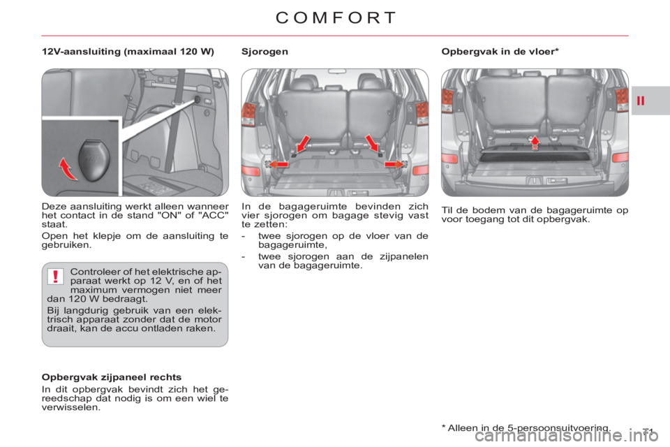 CITROEN C-CROSSER 2012  Instructieboekjes (in Dutch) II
!
COMFORT
71     
*   
Alleen in de 5-persoonsuitvoering.     Til de bodem van de bagageruimte op 
voor toegang tot dit opbergvak.  
 
   
 
Opbergvak zijpaneel rechts 
  In dit opbergvak bevindt z
