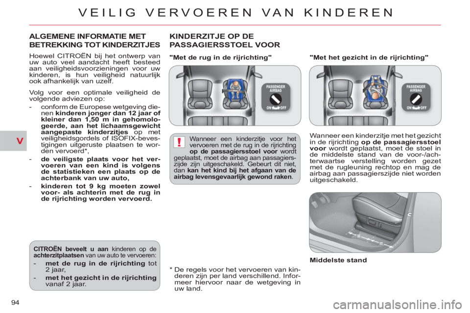 CITROEN C-CROSSER 2012 Instructieboekjes (in Dutch) V!
VEILIG VERVOEREN VAN KINDEREN
94
"Met de rug in de rijrichting"
"Met het gezicht in de rijrichting"
*
De regels voor het vervoeren van kin-
deren zijn per land verschillend. Infor-
CITROEN C-CROSSER 2012 Instructieboekjes (in Dutch) V!
VEILIG VERVOEREN VAN KINDEREN
94
"Met de rug in de rijrichting"
"Met het gezicht in de rijrichting"
*
De regels voor het vervoeren van kin-
deren zijn per land verschillend. Infor-