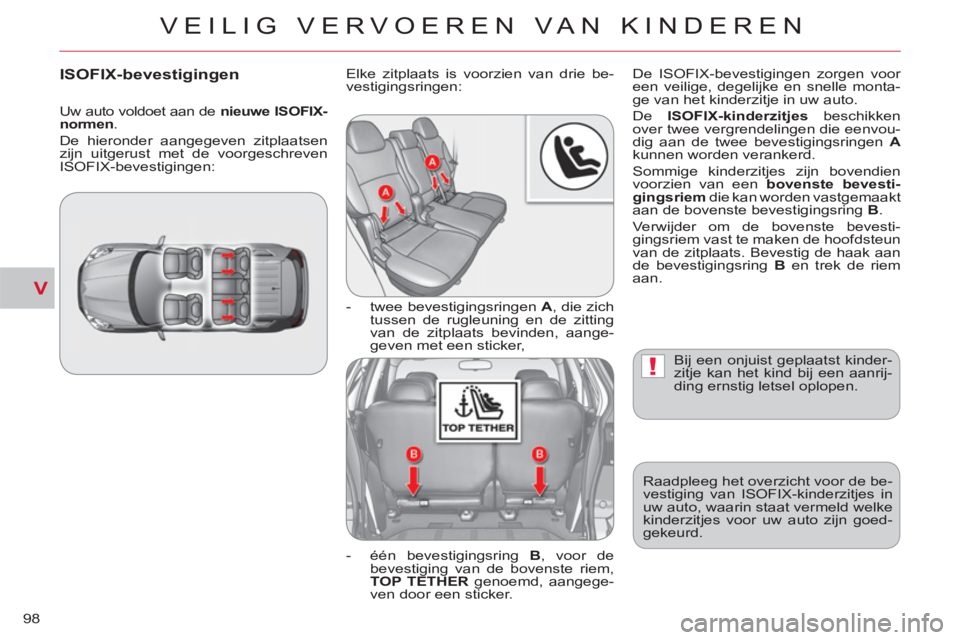 CITROEN C-CROSSER 2012 Instructieboekjes (in Dutch) V
!
VEILIG VERVOEREN VAN KINDEREN
98
Bij een onjuist geplaatst kinder-
zitje kan het kind bij een aanrij-
ding ernstig letsel oplopen.
Raadpleeg het overzicht voor de be-
vestiging van ISOFIX-kin CITROEN C-CROSSER 2012 Instructieboekjes (in Dutch) V
!
VEILIG VERVOEREN VAN KINDEREN
98
Bij een onjuist geplaatst kinder-
zitje kan het kind bij een aanrij-
ding ernstig letsel oplopen.
Raadpleeg het overzicht voor de be-
vestiging van ISOFIX-kin
