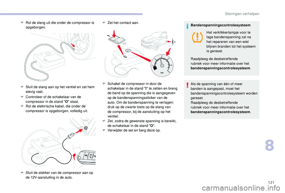 CITROEN C-ELYSÉE 2018 Instructieboekjes (in Dutch) 121
F Controleer of de schakelaar van de compressor in de stand " O" staat.
F
R
ol de elektrische kabel, die onder de
compressor is opgeborgen, volledig uit.
F
R
ol de slang uit die ond CITROEN C-ELYSÉE 2018 Instructieboekjes (in Dutch) 121
F Controleer of de schakelaar van de compressor in de stand " O" staat.
F
R
ol de elektrische kabel, die onder de
compressor is opgeborgen, volledig uit.
F
R
ol de slang uit die ond