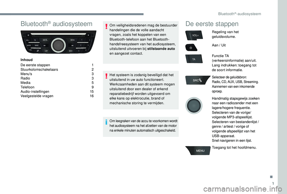 CITROEN C-ELYSÉE 2018 Instructieboekjes (in Dutch) 1
VOL+
TA
Bluetooth® audiosysteem
Inhoud
De eerste stappen
1
St
uurkolomschakelaars
2
M
enu's
3
R
adio
3
M
edia
5
T
elefoon
9
A
udio-instellingen
1
5
Veelgestelde vrage CITROEN C-ELYSÉE 2018 Instructieboekjes (in Dutch) 1
VOL+
TA
Bluetooth® audiosysteem
Inhoud
De eerste stappen
1
St
uurkolomschakelaars
2
M
enu's
3
R
adio
3
M
edia
5
T
elefoon
9
A
udio-instellingen
1
5
Veelgestelde vrage