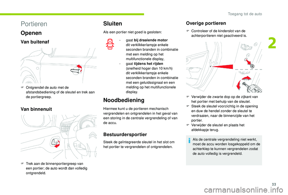 CITROEN C-ELYSÉE 2018 Instructieboekjes (in Dutch) 33
Portieren
Openen
Van buitenaf
Van binnenuit
Sluiten
Als een portier niet goed is gesloten:- gaat bij draaiende motor
dit verklikkerlampje enkele
seconden branden in combinatie
met een melding CITROEN C-ELYSÉE 2018 Instructieboekjes (in Dutch) 33
Portieren
Openen
Van buitenaf
Van binnenuit
Sluiten
Als een portier niet goed is gesloten:- gaat bij draaiende motor
dit verklikkerlampje enkele
seconden branden in combinatie
met een melding