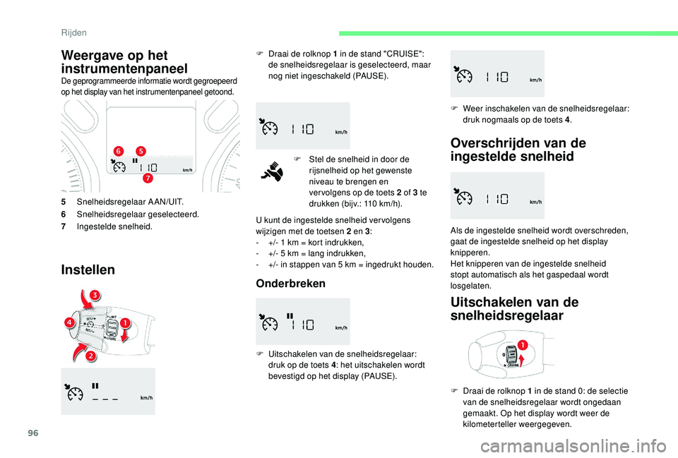 CITROEN C-ELYSÉE 2018 Instructieboekjes (in Dutch) 96
5Snelheidsregelaar AAN/UIT.
6 Snelheidsregelaar geselecteerd.
7 Ingestelde snelheid.
Instellen
F Draai de rolknop 1 in de stand "CRUISE":
de snelheidsregelaar is geselecteerd, maar
nog CITROEN C-ELYSÉE 2018 Instructieboekjes (in Dutch) 96
5Snelheidsregelaar AAN/UIT.
6 Snelheidsregelaar geselecteerd.
7 Ingestelde snelheid.
Instellen
F Draai de rolknop 1 in de stand "CRUISE":
de snelheidsregelaar is geselecteerd, maar
nog