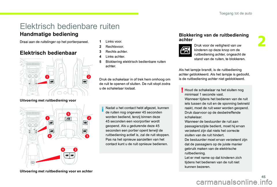 CITROEN C-ELYSÉE 2017 Instructieboekjes (in Dutch) 45
Elektrisch bedienbare ruiten
Handmatige bediening
Draai aan de ruitslinger op het portierpaneel.
Elektrisch bedienbaar
Uitvoering met ruitbediening voor
Uitvoering met ruitbediening voor en achter1 CITROEN C-ELYSÉE 2017 Instructieboekjes (in Dutch) 45
Elektrisch bedienbare ruiten
Handmatige bediening
Draai aan de ruitslinger op het portierpaneel.
Elektrisch bedienbaar
Uitvoering met ruitbediening voor
Uitvoering met ruitbediening voor en achter1