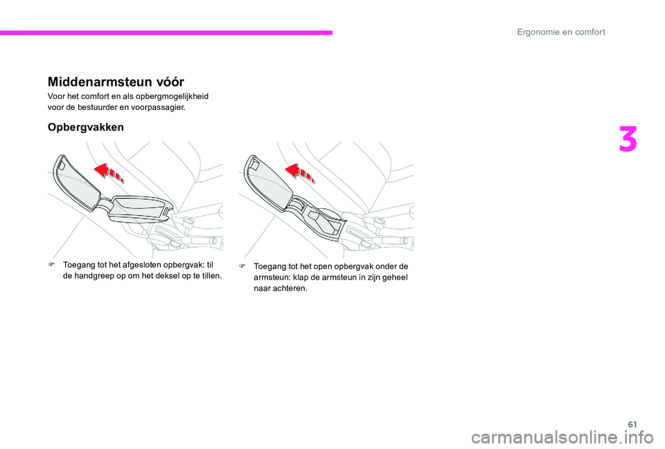 CITROEN C-ELYSÉE 2017 Instructieboekjes (in Dutch) 61
Middenarmsteun vóór
Voor het comfort en als opbergmogelijkheid
voor de bestuurder en voorpassagier.
Opbergvakken
F Toegang tot het afgesloten opbergvak: til de handgreep op om het deksel op te t CITROEN C-ELYSÉE 2017 Instructieboekjes (in Dutch) 61
Middenarmsteun vóór
Voor het comfort en als opbergmogelijkheid
voor de bestuurder en voorpassagier.
Opbergvakken
F Toegang tot het afgesloten opbergvak: til de handgreep op om het deksel op te t
