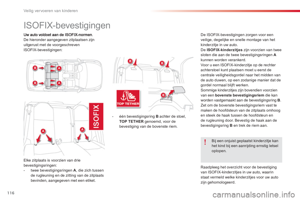 CITROEN C-ELYSÉE 2014  Instructieboekjes (in Dutch) 116
Veilig vervoeren van kinderen
De hieronder aangegeven zitplaatsen zijn
uitgerust met de voorgeschreven
IS
OFIX-bevestigingen:
   
 
 
 
 
 
 
 
 
 
 
 
 
 
 
 
 
 
 
 
ISOFIX-bevestigingen 
Elke z