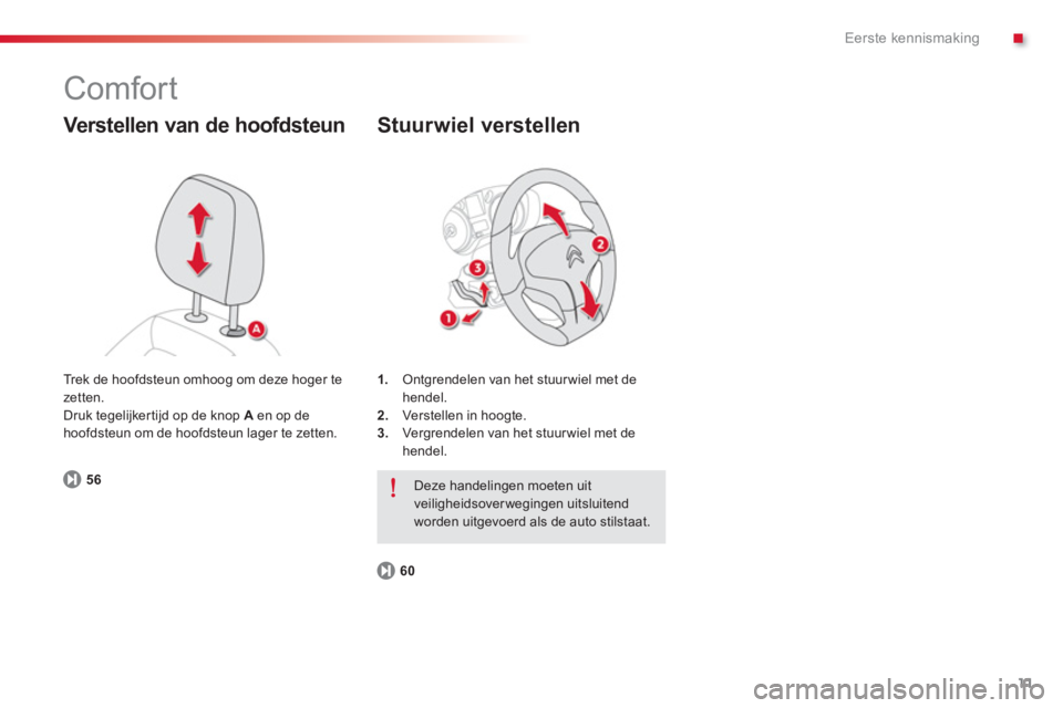 CITROEN C-ELYSÉE 2014  Instructieboekjes (in Dutch) .
11
Eerste kennismaking
  Comfort 
 
 Verstellen van de hoofdsteun
56
1.Ontgrendelen van het stuur wiel met de 
hendel.
2.   Ver stellen in hoogte.3. 
 Vergrendelen van het stuur wiel met de hendel.
