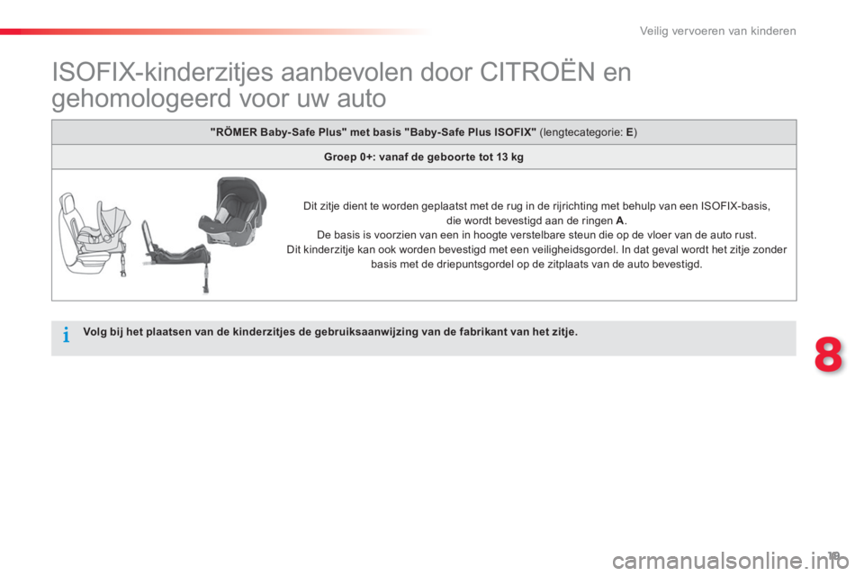 CITROEN C-ELYSÉE 2014  Instructieboekjes (in Dutch) 19
8
Veilig vervoeren van kinderen
   
 
 
 
 
 
 
 
 
 
ISOFIX-kinderzitjes aanbevolen door CITROËN en 
gehomologeerd voor uw auto 
   
 
Volg bij het plaatsen van de kinderzitjes de gebruiksaanwijz