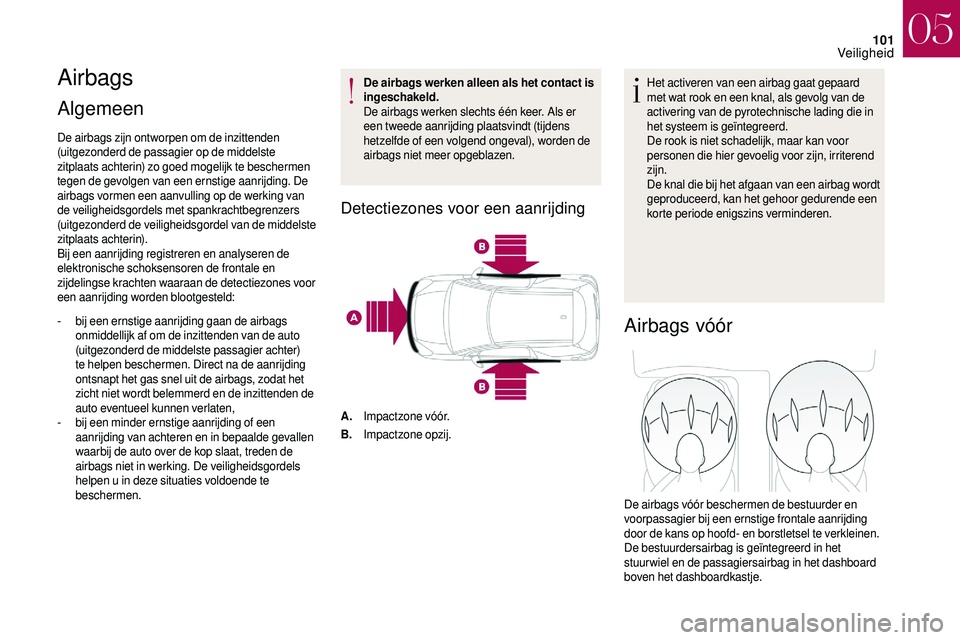 CITROEN DS3 CABRIO 2018  Instructieboekjes (in Dutch) 101
Airbags
Algemeen 
De airbags zijn ontworpen om de inzittenden 
(uitgezonderd de passagier op de middelste 
zitplaats achterin) zo goed mogelijk te beschermen 
tegen de gevolgen van een ernstige aa