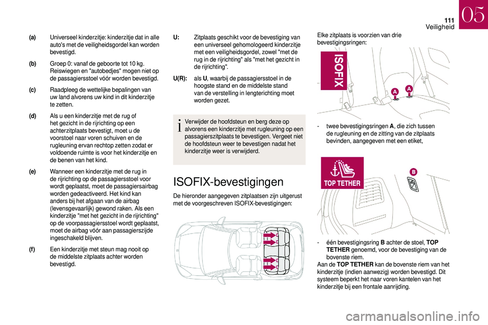 CITROEN DS3 2018 Instructieboekjes (in Dutch) 111
ISOFIX-bevestigingen
De hieronder aangegeven zitplaatsen zijn uitgerust
met de voorgeschreven ISOFIX-bevestigingen:Elke zitplaats is voorzien van drie
bevestigingsringen:
Ver wijder de hoofdsteu CITROEN DS3 2018 Instructieboekjes (in Dutch) 111
ISOFIX-bevestigingen
De hieronder aangegeven zitplaatsen zijn uitgerust
met de voorgeschreven ISOFIX-bevestigingen:Elke zitplaats is voorzien van drie
bevestigingsringen:
Ver wijder de hoofdsteu