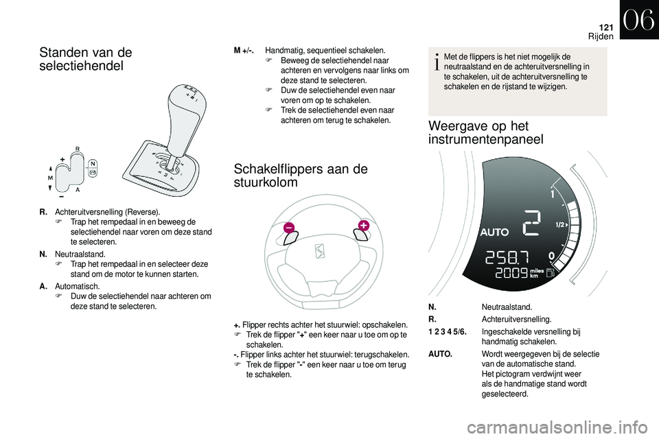 CITROEN DS3 2018 Instructieboekjes (in Dutch) 121
Standen van de
selectiehendel
R.Achteruitversnelling (Reverse).
F T
rap het rempedaal in en beweeg de
selectiehendel naar voren om deze stand
te selecteren.
N. Neutraalstand.
F
T
rap het remp CITROEN DS3 2018 Instructieboekjes (in Dutch) 121
Standen van de
selectiehendel
R.Achteruitversnelling (Reverse).
F T
rap het rempedaal in en beweeg de
selectiehendel naar voren om deze stand
te selecteren.
N. Neutraalstand.
F
T
rap het remp