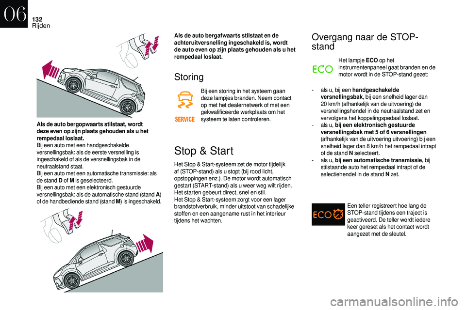 CITROEN DS3 2018 Instructieboekjes (in Dutch) 132
Storing
Bij een storing in het systeem gaan
deze lampjes branden. Neem contact
op met het dealernetwerk of met een
gekwalificeerde werkplaats om het
systeem te laten controleren.
Stop & Start
CITROEN DS3 2018 Instructieboekjes (in Dutch) 132
Storing
Bij een storing in het systeem gaan
deze lampjes branden. Neem contact
op met het dealernetwerk of met een
gekwalificeerde werkplaats om het
systeem te laten controleren.
Stop & Start