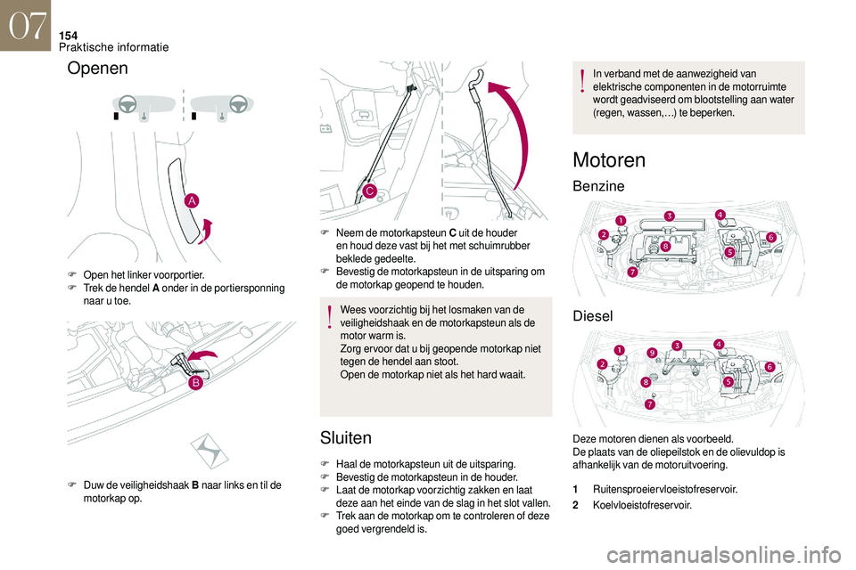 CITROEN DS3 2018 Instructieboekjes (in Dutch) 154
Openen
F Open het linker voorportier.
F Trek de hendel A onder in de portiersponning
naar u
toe.
F
D
uw de veiligheidshaak B naar links en til de
motorkap op. F
N
eem de motorkapsteun C
CITROEN DS3 2018 Instructieboekjes (in Dutch) 154
Openen
F Open het linker voorportier.
F Trek de hendel A onder in de portiersponning
naar u
toe.
F
D
uw de veiligheidshaak B naar links en til de
motorkap op. F
N
eem de motorkapsteun C