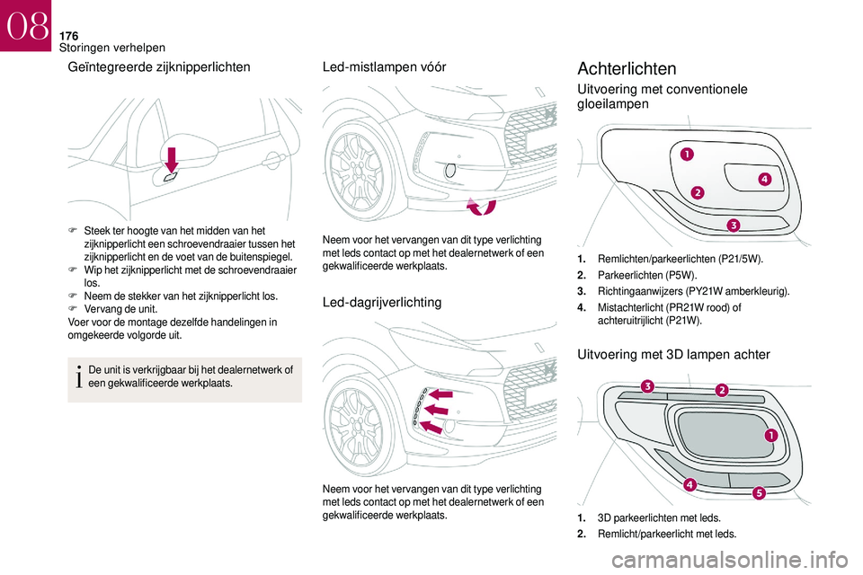 CITROEN DS3 2018 Instructieboekjes (in Dutch) 176
Geïntegreerde zijknipperlichten
De unit is verkrijgbaar bij het dealernetwerk of
een gekwalificeerde werkplaats.
Led-mistlampen vóór
Led-dagrijverlichtingAchterlichten
Uitvoering met conventio CITROEN DS3 2018 Instructieboekjes (in Dutch) 176
Geïntegreerde zijknipperlichten
De unit is verkrijgbaar bij het dealernetwerk of
een gekwalificeerde werkplaats.
Led-mistlampen vóór
Led-dagrijverlichtingAchterlichten
Uitvoering met conventio