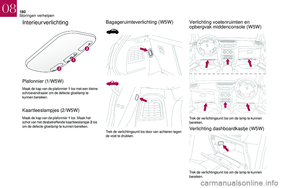 CITROEN DS3 2018 Instructieboekjes (in Dutch) 180
Interieurverlichting
Plafonnier (1/W5W)
Maak de kap van de plafonnier 1 los met een kleine
schroevendraaier om de defecte gloeilamp te
kunnen bereiken.
Kaartleeslampjes (2/W5W)
Maak de kap van d CITROEN DS3 2018 Instructieboekjes (in Dutch) 180
Interieurverlichting
Plafonnier (1/W5W)
Maak de kap van de plafonnier 1 los met een kleine
schroevendraaier om de defecte gloeilamp te
kunnen bereiken.
Kaartleeslampjes (2/W5W)
Maak de kap van d