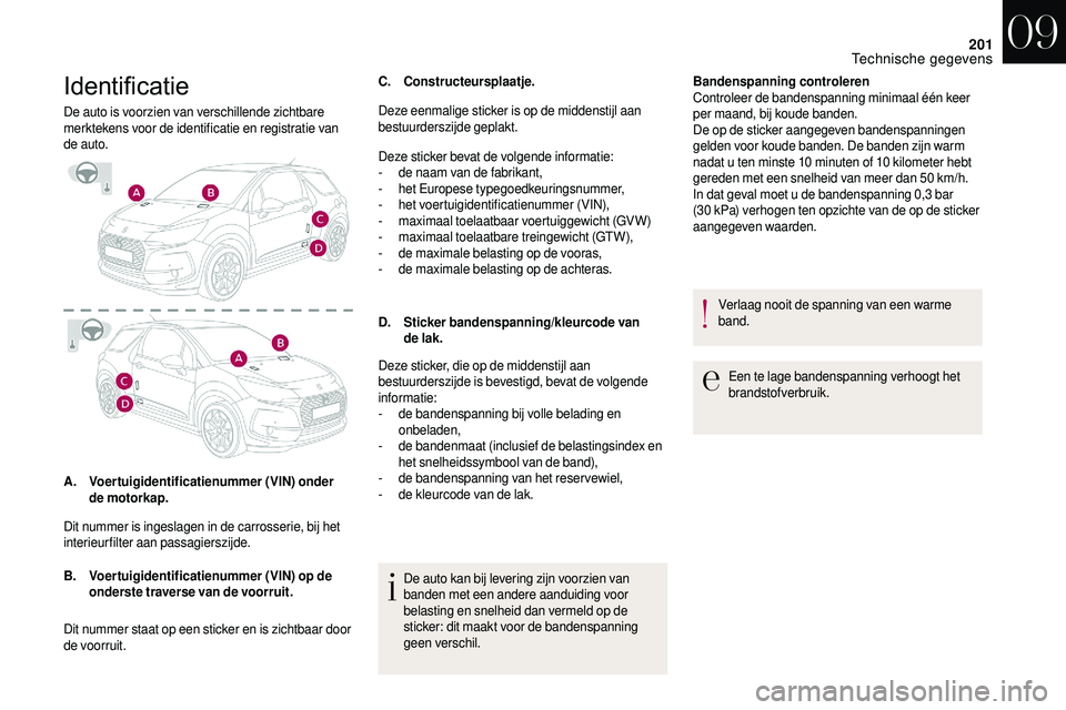 CITROEN DS3 2018 Instructieboekjes (in Dutch) 201
Identificatie
De auto is voorzien van verschillende zichtbare
merktekens voor de identificatie en registratie van
de auto.
A.Voertuigidentificatienummer (VIN) onder
de motorkap.
B. Voertuigiden CITROEN DS3 2018 Instructieboekjes (in Dutch) 201
Identificatie
De auto is voorzien van verschillende zichtbare
merktekens voor de identificatie en registratie van
de auto.
A.Voertuigidentificatienummer (VIN) onder
de motorkap.
B. Voertuigiden