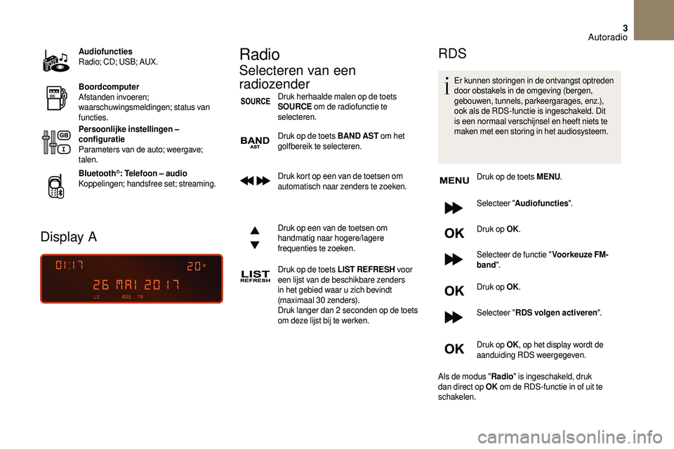 CITROEN DS3 CABRIO 2018  Instructieboekjes (in Dutch) 3
Audiofuncties
Radio; CD; USB; AUX.
Boordcomputer
Afstanden invoeren; 
waarschuwingsmeldingen; status van 
functies.
Persoonlijke instellingen –
configuratie
Parameters van de auto; weergave; 
tale