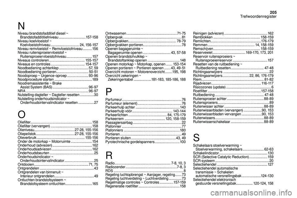 CITROEN DS3 2018  Instructieboekjes (in Dutch) 205
N
Niveau brandstofadditief diesel ~ Brandstofaddititiefniveau  .............................157-15 8
Niveau koelvloeistof ~  Koelvloeistofniveau
 

...............................24, 15 6 -157
Niv