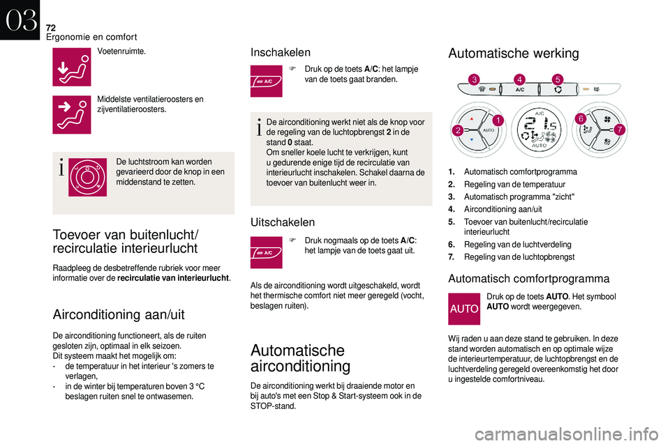 CITROEN DS3 CABRIO 2018  Instructieboekjes (in Dutch) 72
Voetenruimte.
Middelste ventilatieroosters en 
zijventilatieroosters.De luchtstroom kan worden 
gevarieerd door de knop in een 
middenstand te zetten.
Toevoer van buitenlucht/
recirculatie interieu