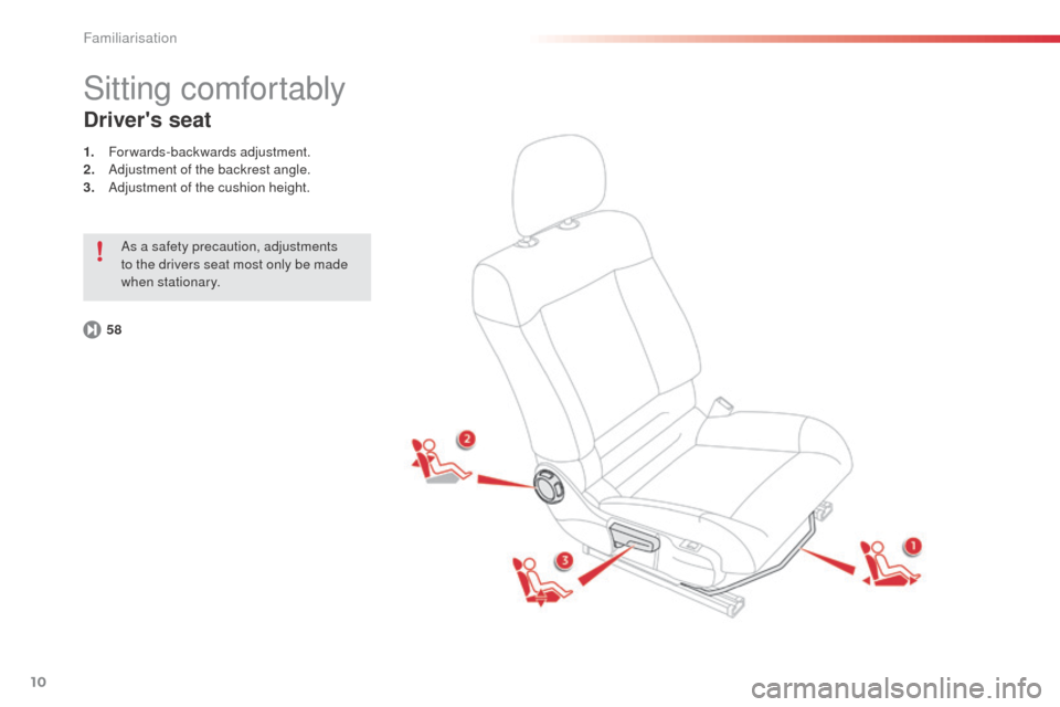 Citroen C4 CACTUS RHD 2014 1.G User Guide 10
Sitting comfortably
Drivers seat
1. Forwards-backwards adjustment.
2. Adjustment of the backrest angle.
3.
A
djustment of the cushion height.
58 As a safety precaution, adjustments
to the drive Citroen C4 CACTUS RHD 2014 1.G User Guide 10
Sitting comfortably
Drivers seat
1. Forwards-backwards adjustment.
2. Adjustment of the backrest angle.
3.
A
djustment of the cushion height.
58 As a safety precaution, adjustments
to the drive