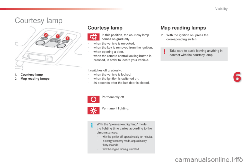 Citroen C4 CACTUS RHD 2014 1.G Owners Manual 127
Courtesy lamp
1. Courtesy lamp
2. Map reading lamps F
W
ith the ignition on, press the
corresponding switch.
Map reading lamps
With the "permanent lighting" mode,
the lighting time varies acc Citroen C4 CACTUS RHD 2014 1.G Owners Manual 127
Courtesy lamp
1. Courtesy lamp
2. Map reading lamps F
W
ith the ignition on, press the
corresponding switch.
Map reading lamps
With the "permanent lighting" mode,
the lighting time varies acc